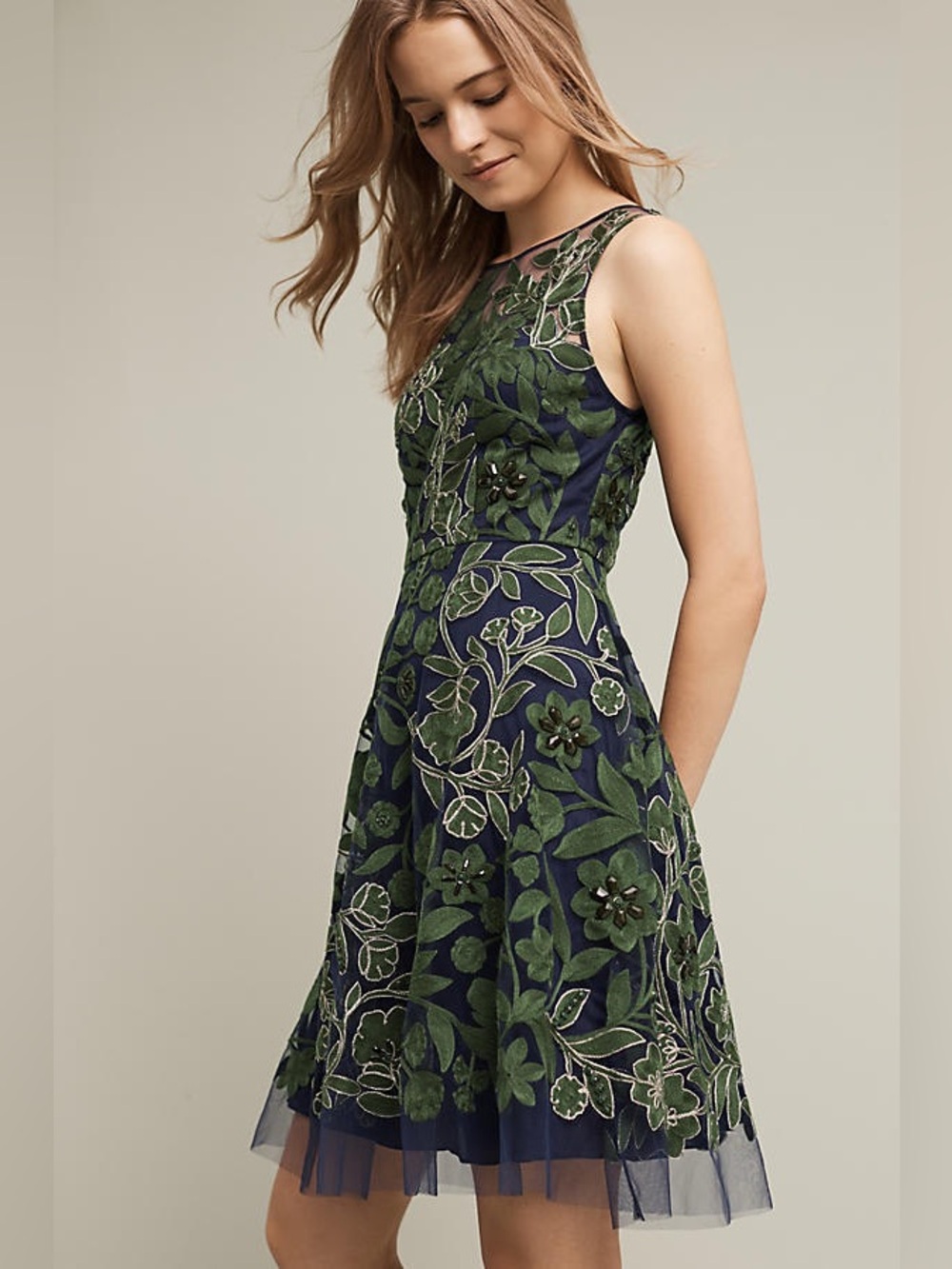 Anthropology Pankaj & Hidhi navy green embroidered fern dress